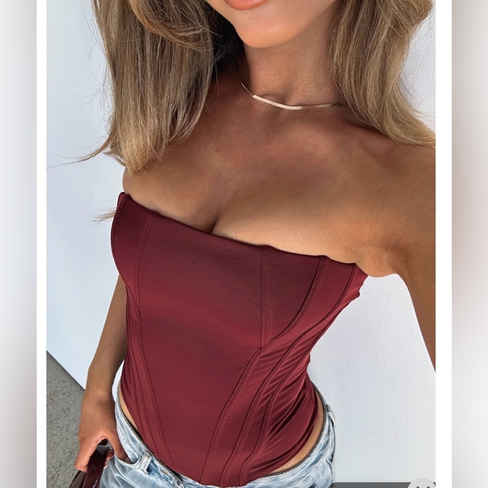 White Fox Boutique Strapless Corset Top in Burgundy